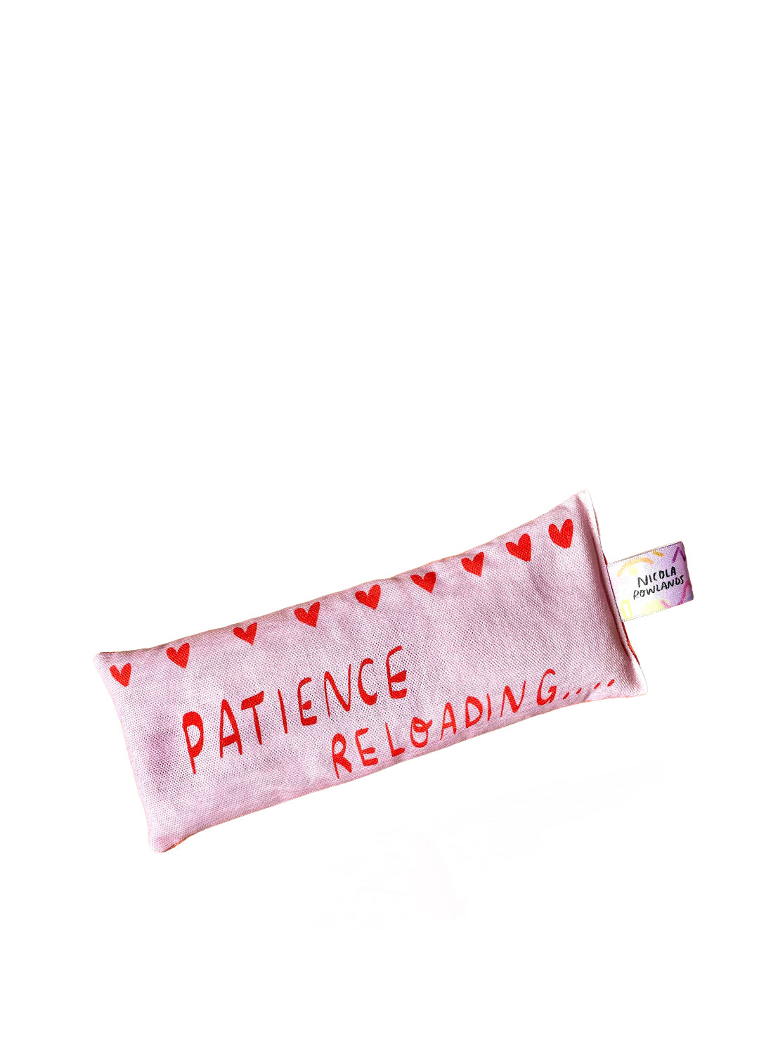 Pink pouch with 'Patience Reloading' text and heart patterns on a white background