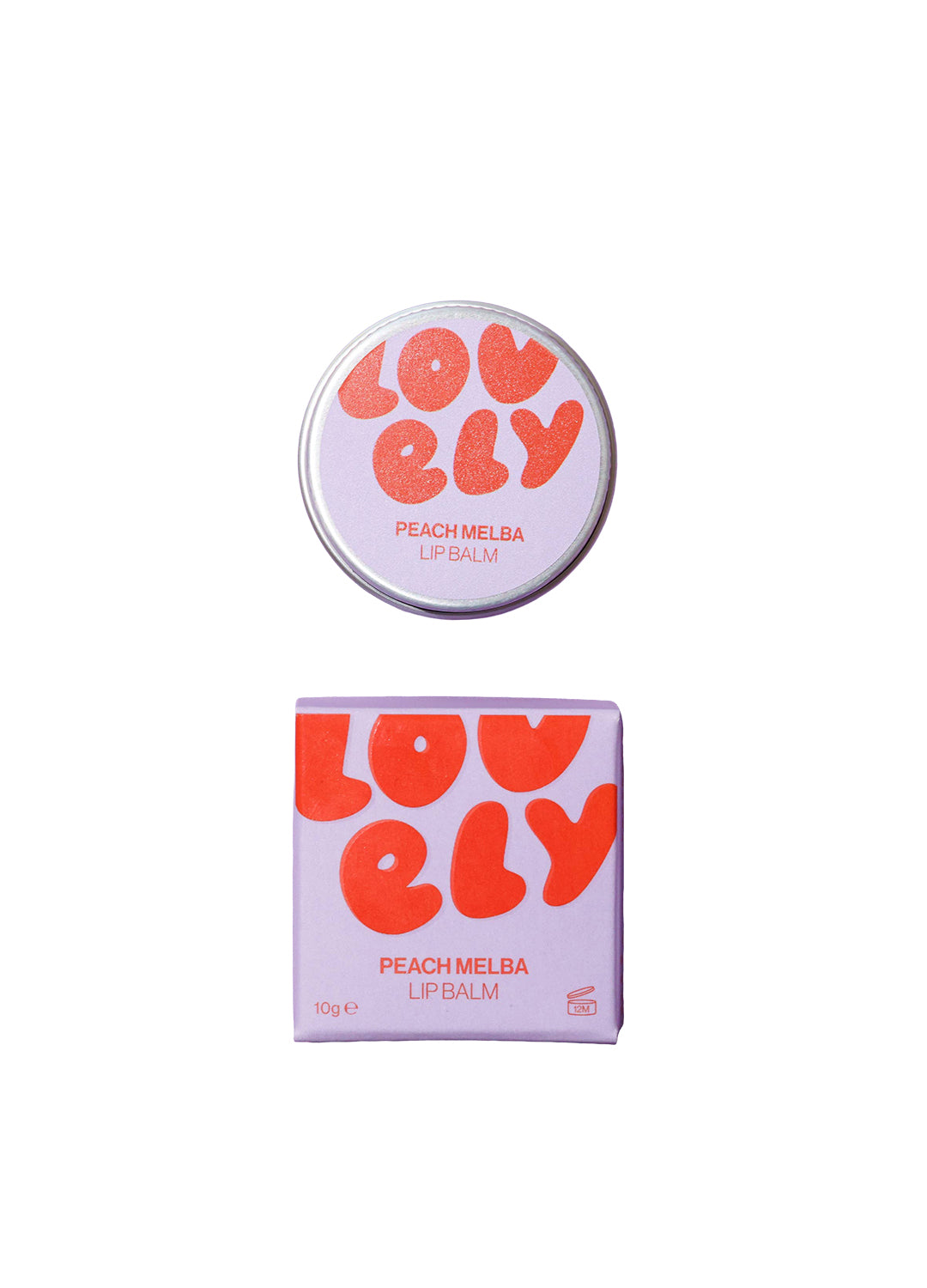 Lovely Peach Melba lip balm with packaging on a white background