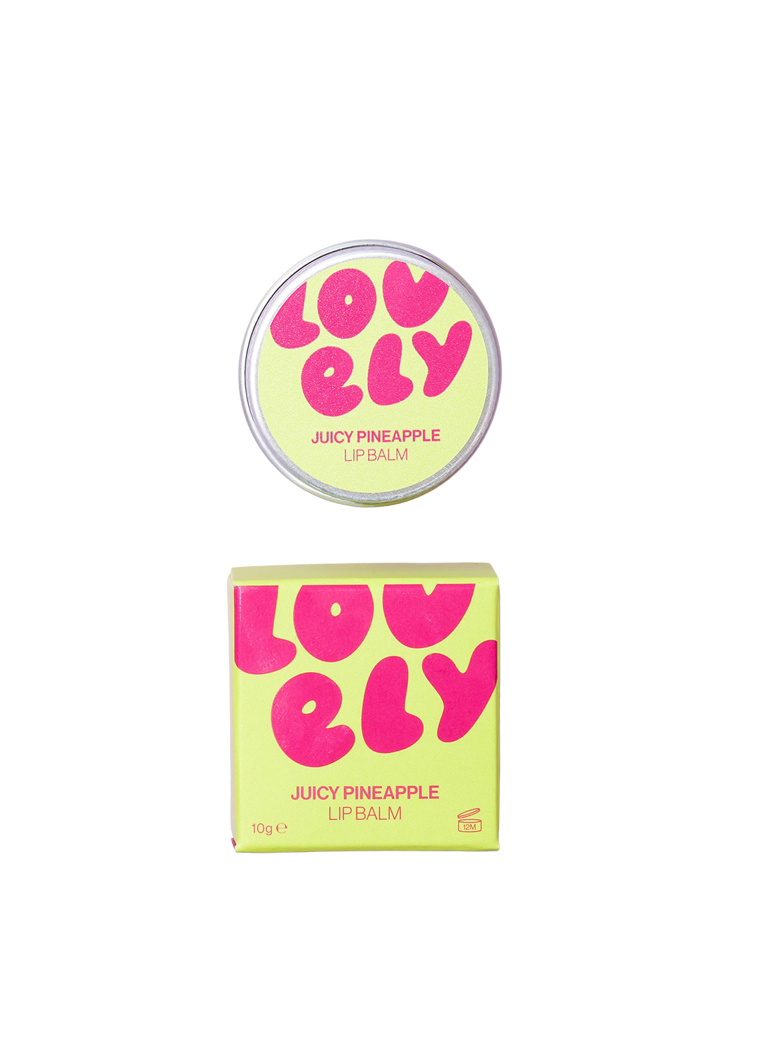 Lovely Juicy Pineapple lip balm with packaging on a white background