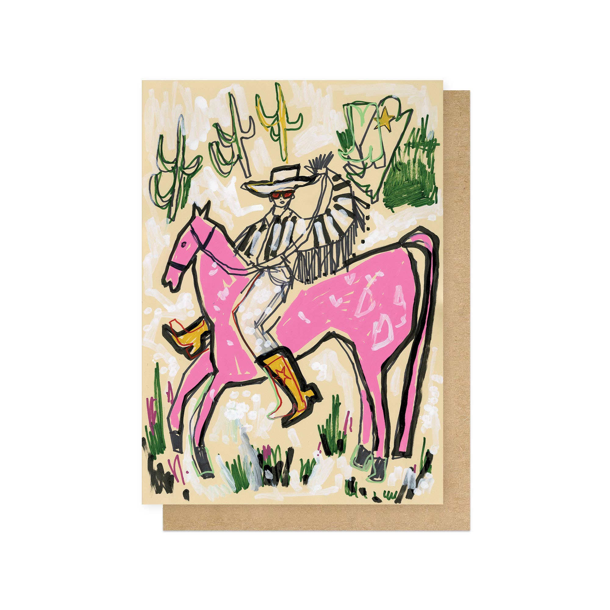 Card with a colorful illustration of a cowboy on a pink horse, set against a white background.
