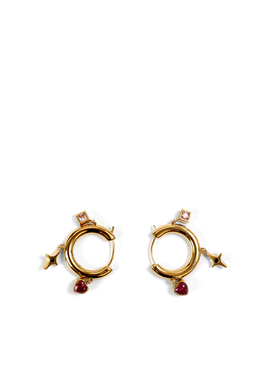 Gold Pink & Black Zircon Drop Charm Hoop Earrings