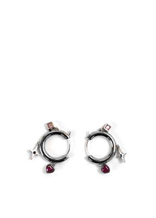 Silver, Pink & Black Zircon Drop Charm Hoop Earrings