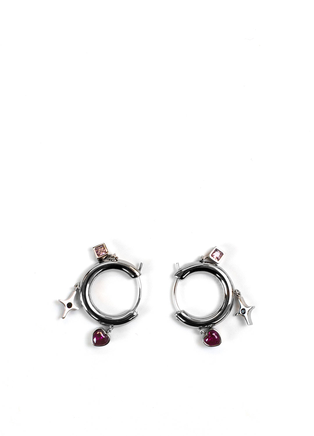 Silver, Pink & Black Zircon Drop Charm Hoop Earrings