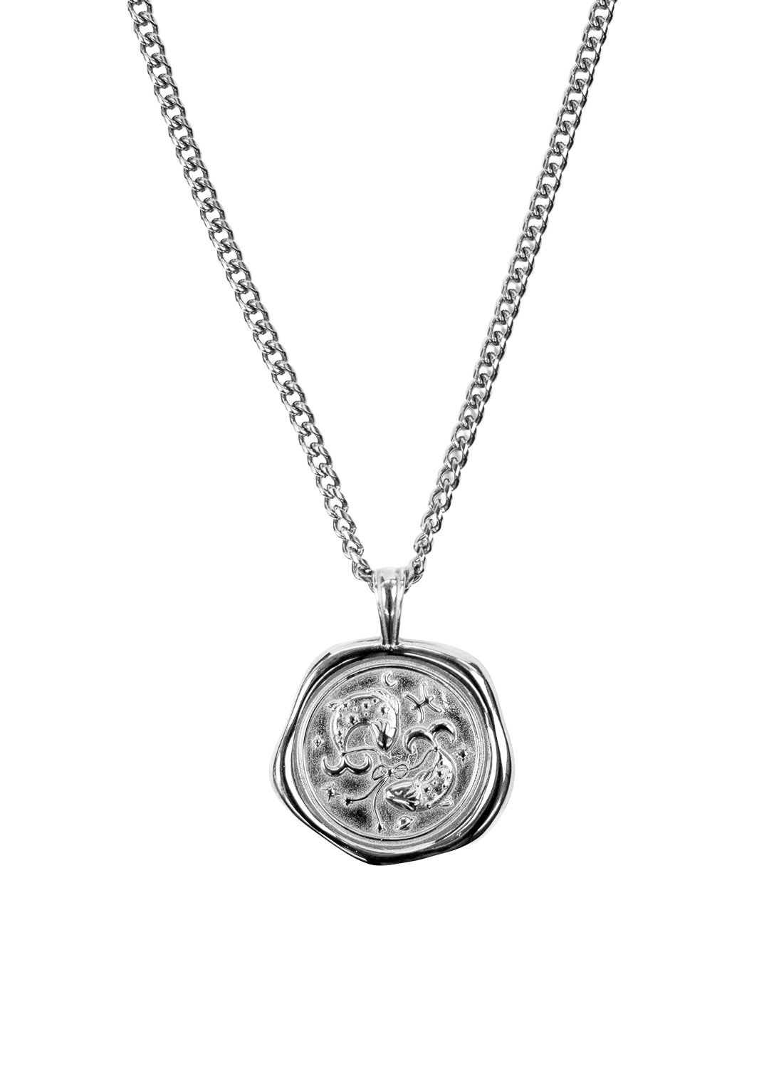 A silver chain necklace with a round, textured wax-seal style pendant featuring a pisces zodiac design shown against a plain white background.