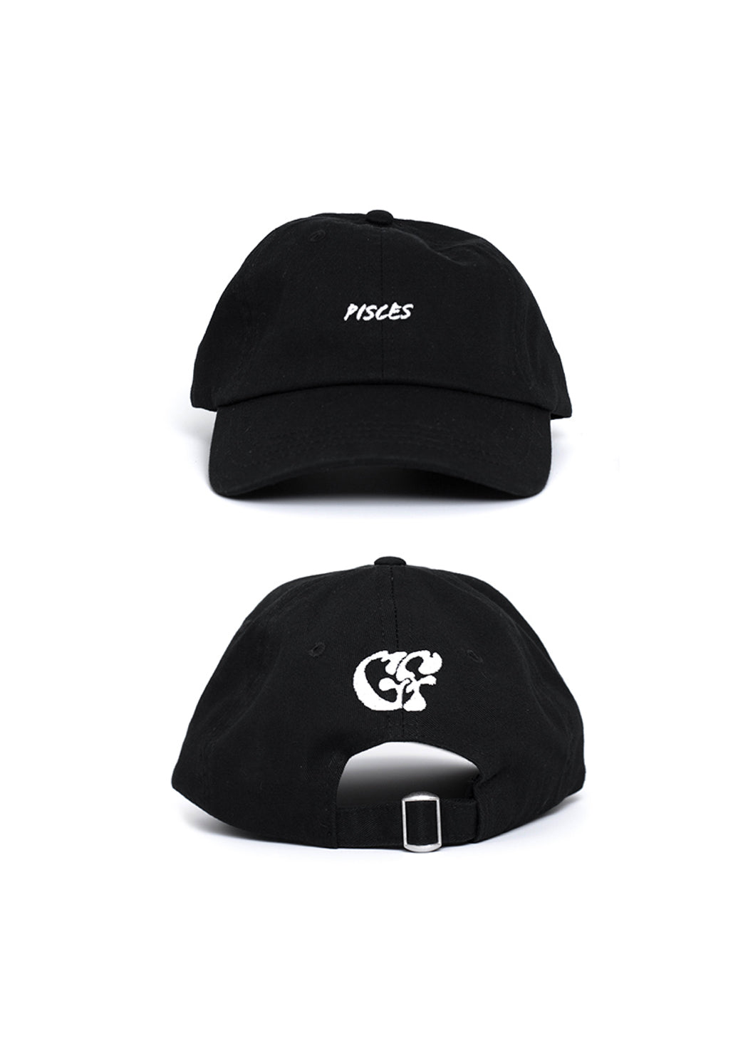 black baseball cap with white embroidered Pisces Zodiac on the front & GF Good Fluff logo to the back on a white background