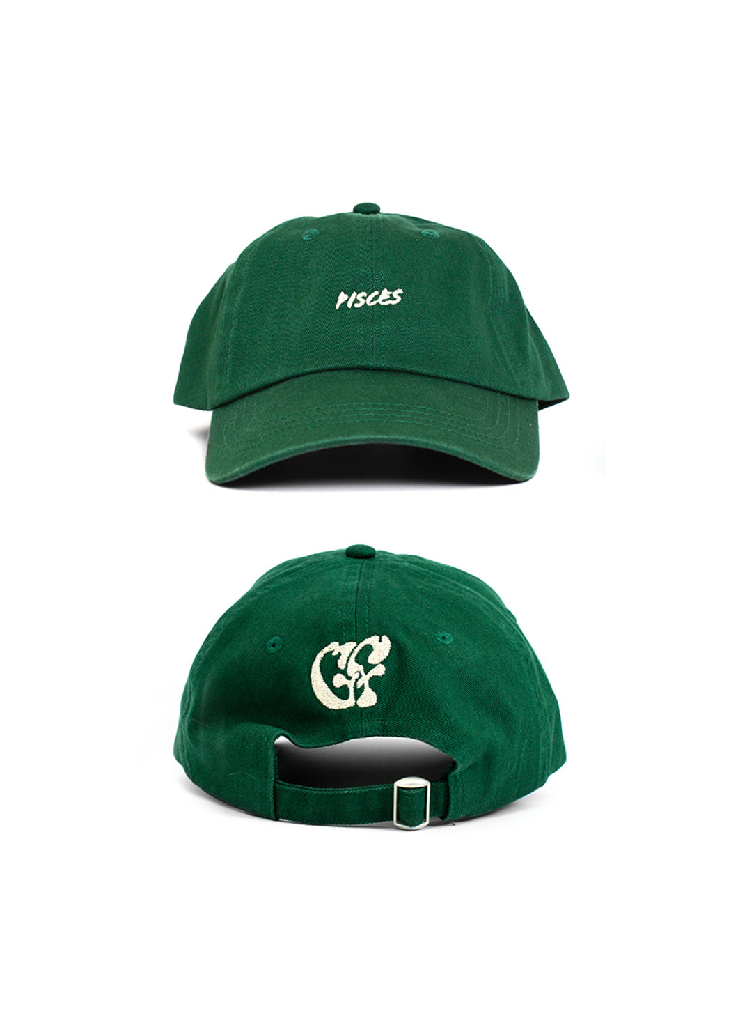 The Green Pisces zodiac Baseball cap shot front & back. Front shows white embroidered "Pisces" text and back shows white embroidered Good Fluff GF logo.