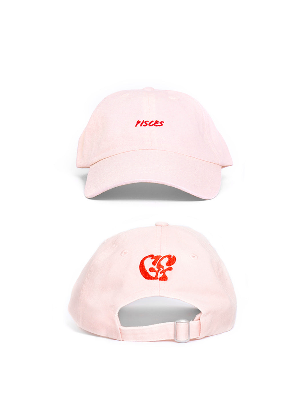Two pink baseball caps with embroidered designs on a white background