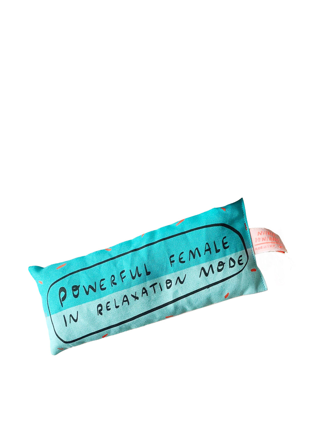 Turquoise pillow with text on a white background