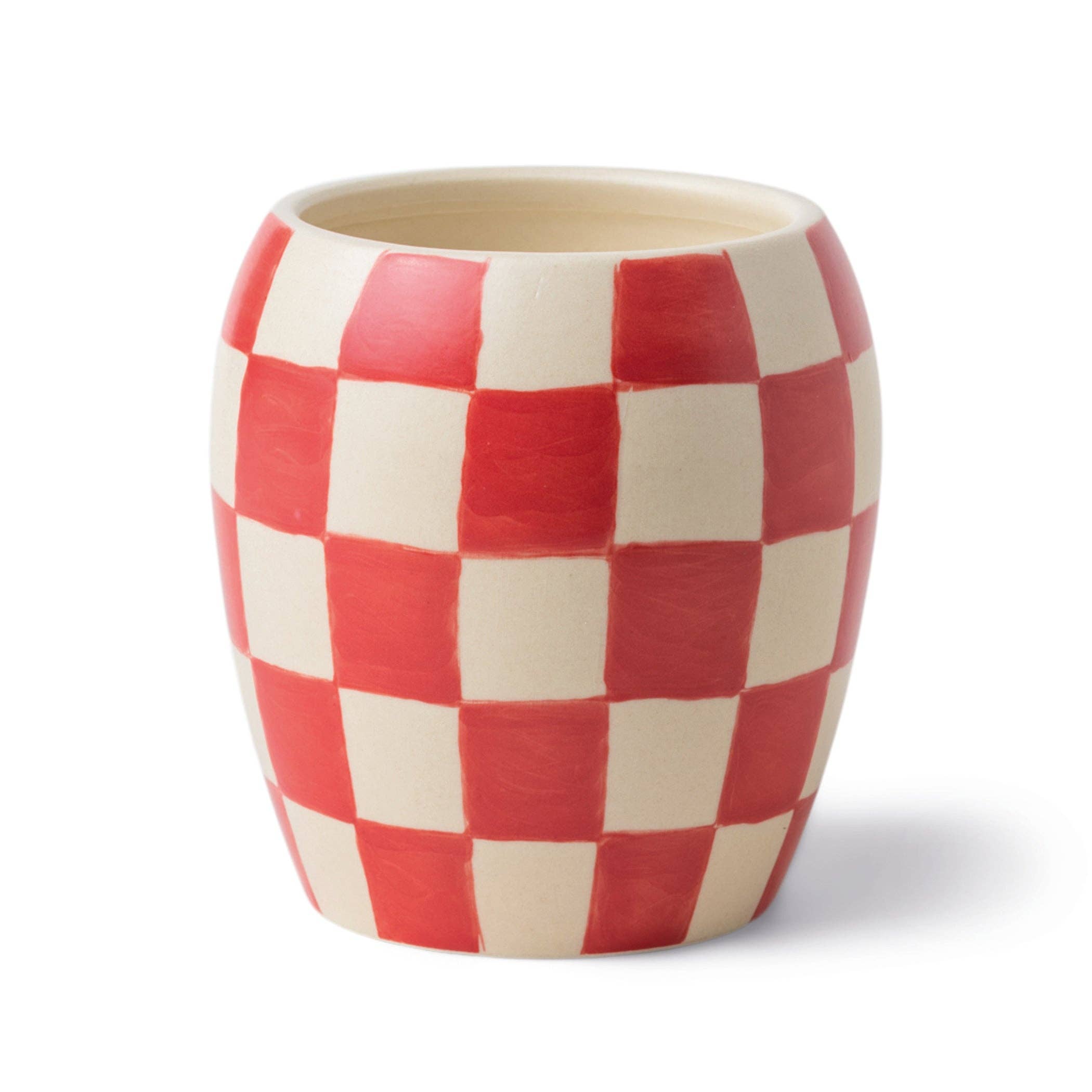 Red and white checkered ceramic cup on a white background
