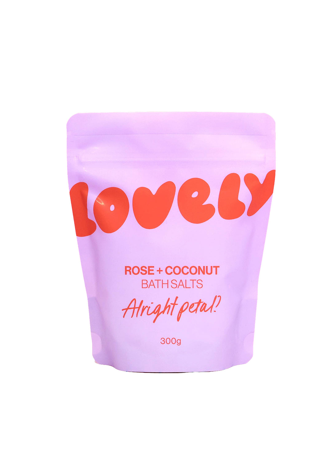 Purple packaging of 'Lovely' rose and coconut bath salts on a white background