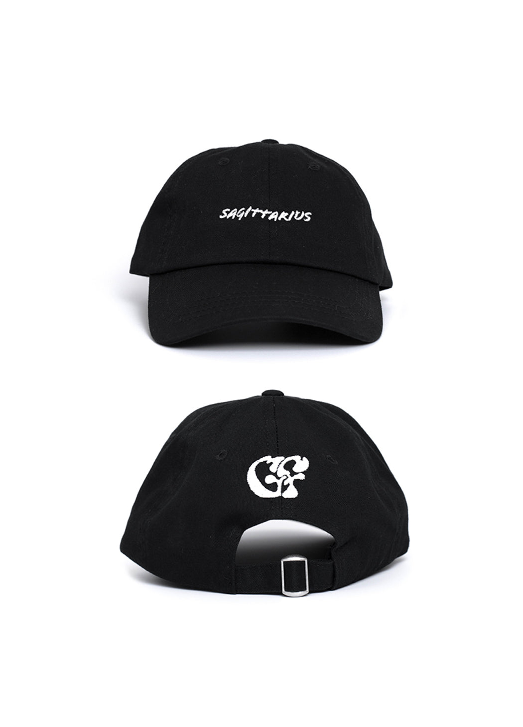 The Black Sagittarius zodiac Baseball cap shot front & back. Front shows white embroidered "Sagittarius" text and back shows white embroidered Good Fluff GF logo.