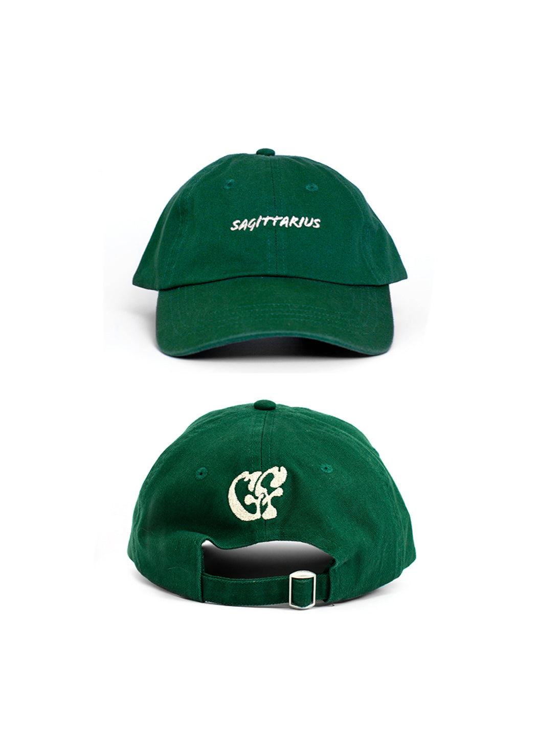 Green Sagittarius zodiac baseball cap, with white embroidered "Saagittarius" text and white embroidered Good Fluff GF logo against a white background