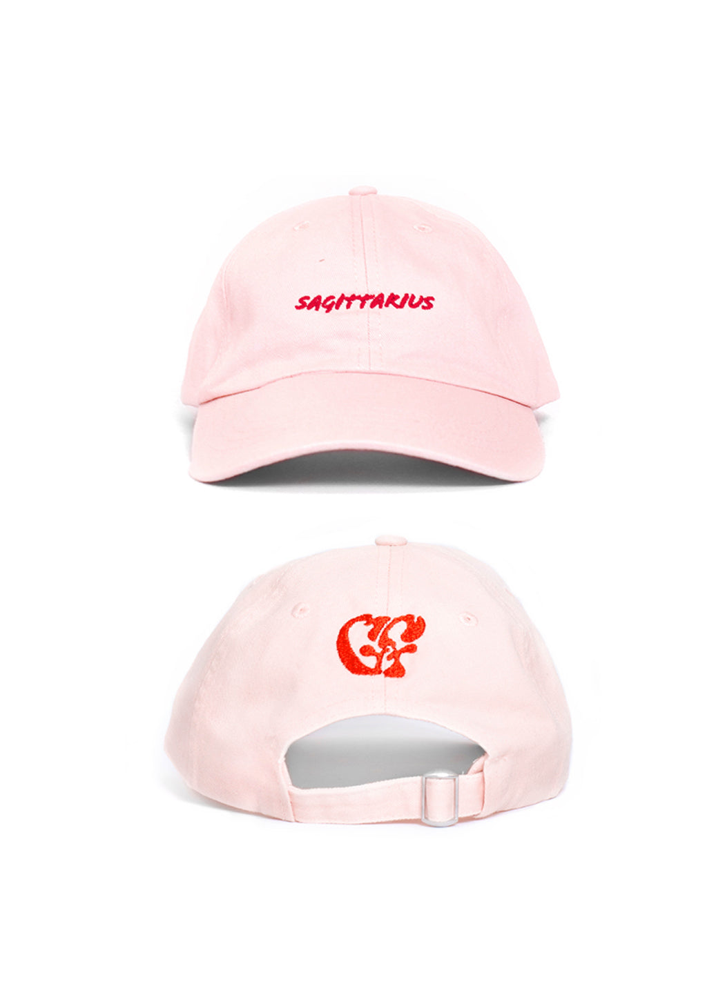 pink baseball cap with Sagittarius embroidered to the front & the GF Good Fluff logo to the back