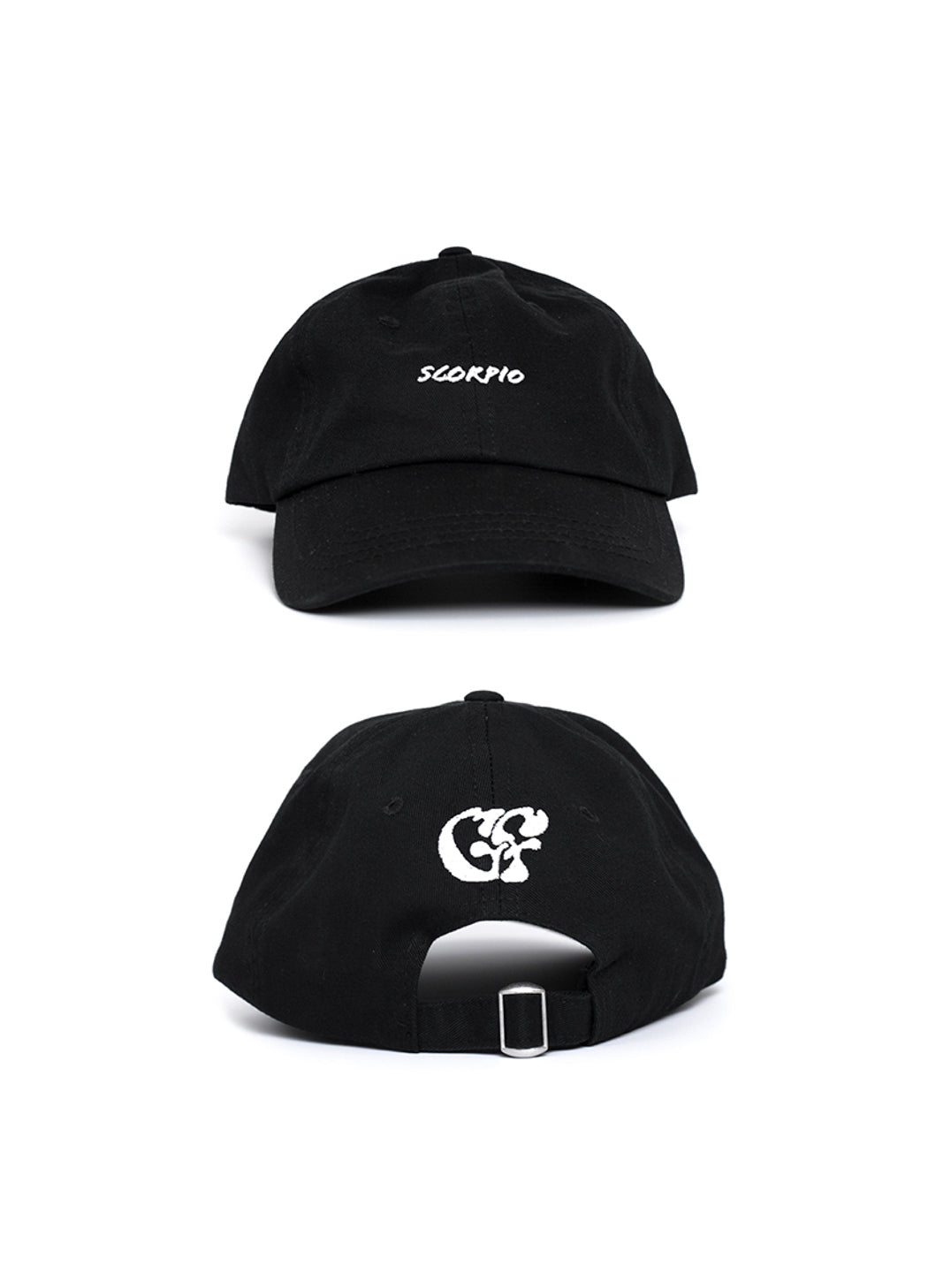 The Black Scorpio zodiac Baseball cap shot front & back. Front shows white embroidered "Scorpio" text and back shows white embroidered Good Fluff GF logo.