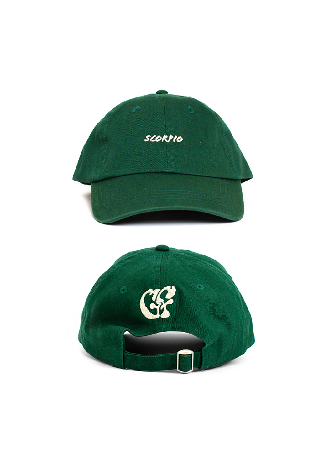 Green scorpio zodiac baseball cap, with white embroidered "Scorpio" text and white embroidered Good Fluff GF logo against a white background