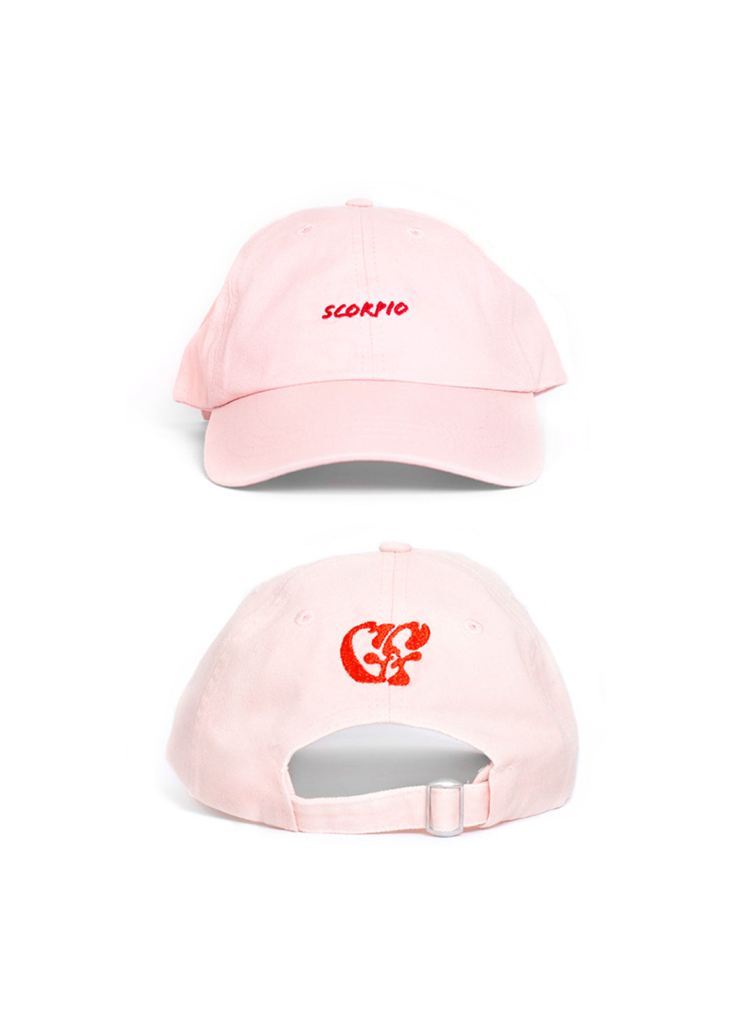 Pink baseball cap with 'SCORPIO' embroidered red text and a logo to the back of the cap on a white background
