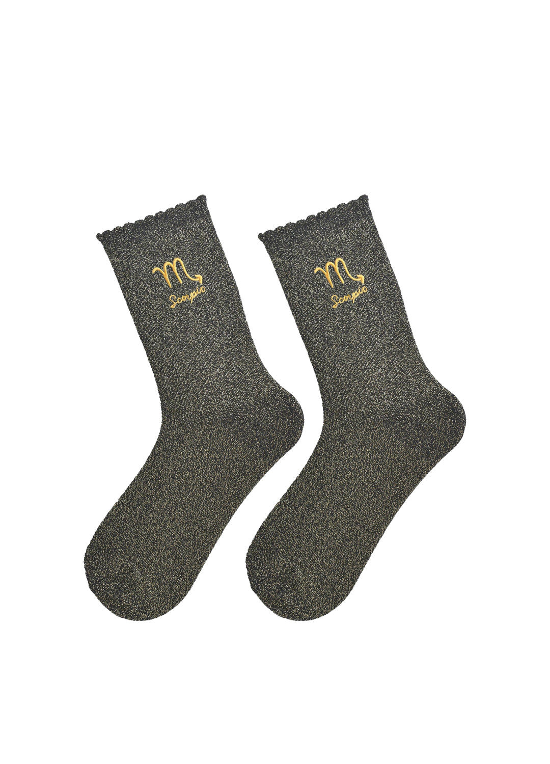 Pair of dark grey glitter socks with gold 'scorpio' symbol on a white background