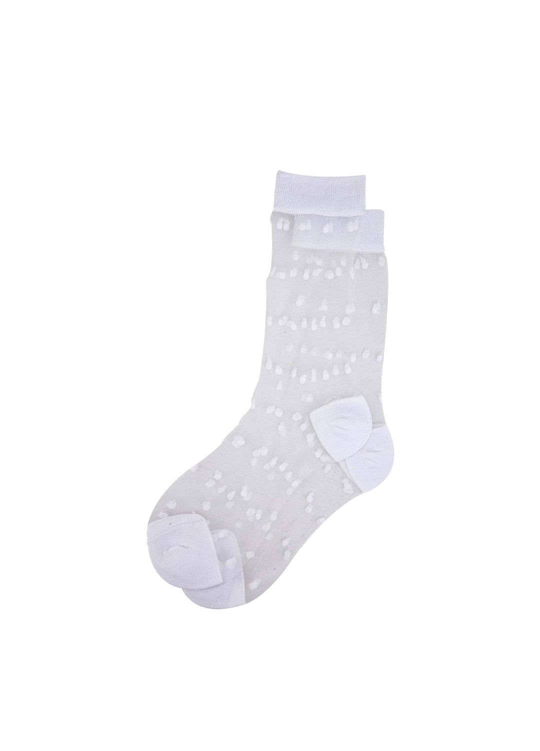 White sheer sock with small polka dots on a white background