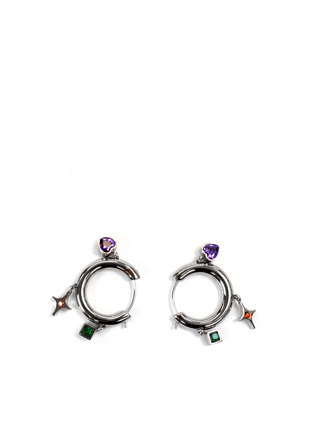 Silver, Blue & Green Zircon Drop Charm Hoop Earrings