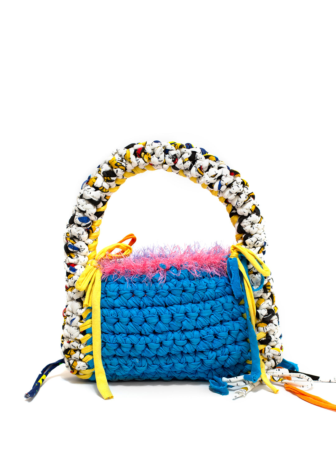 the sloe mosey blue orange and yello wcrochet bag on a white backdrop