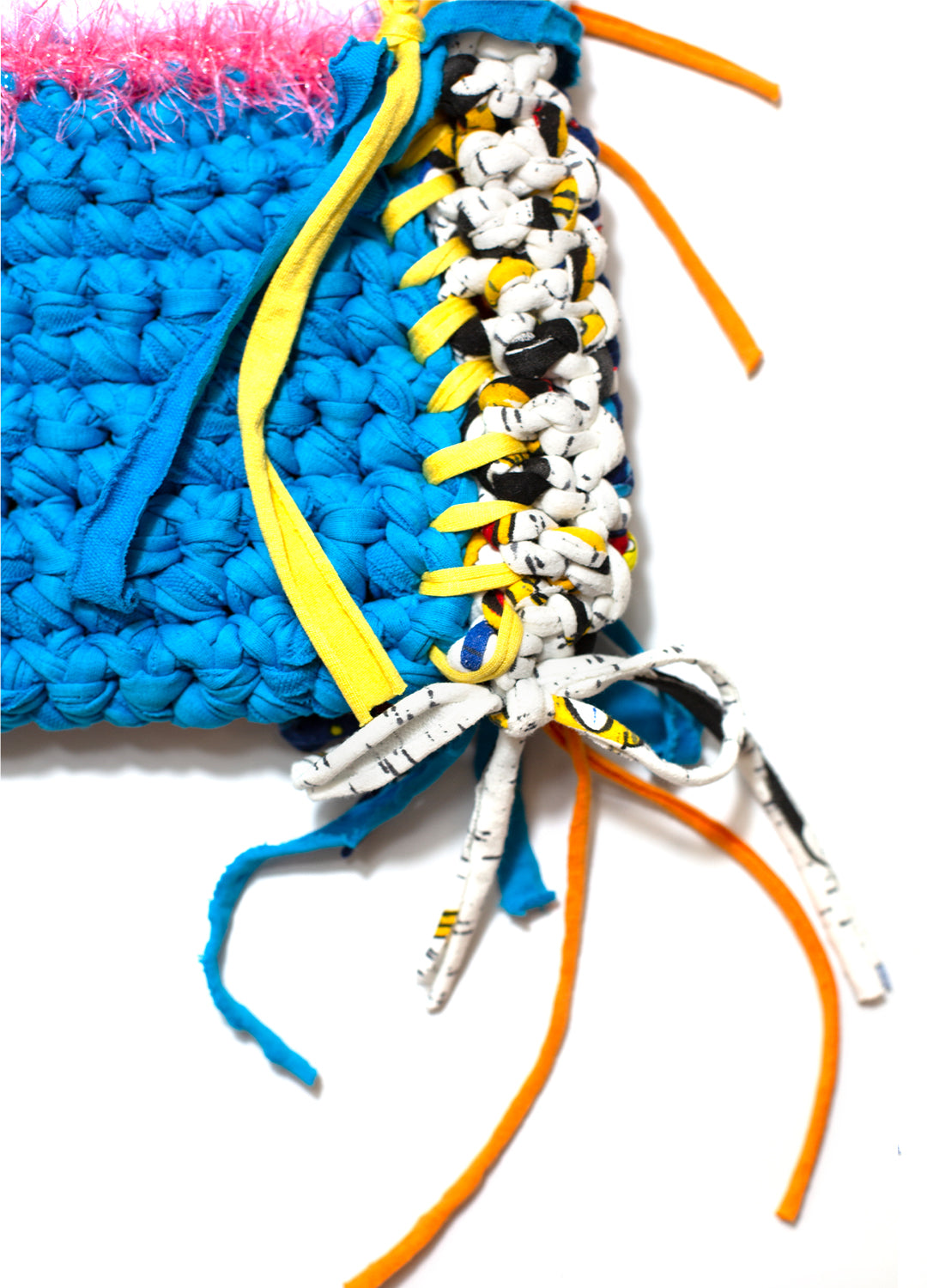 close up of the multicolour weaving crochet on the Delilah Sloe Mosey shoulder bag
