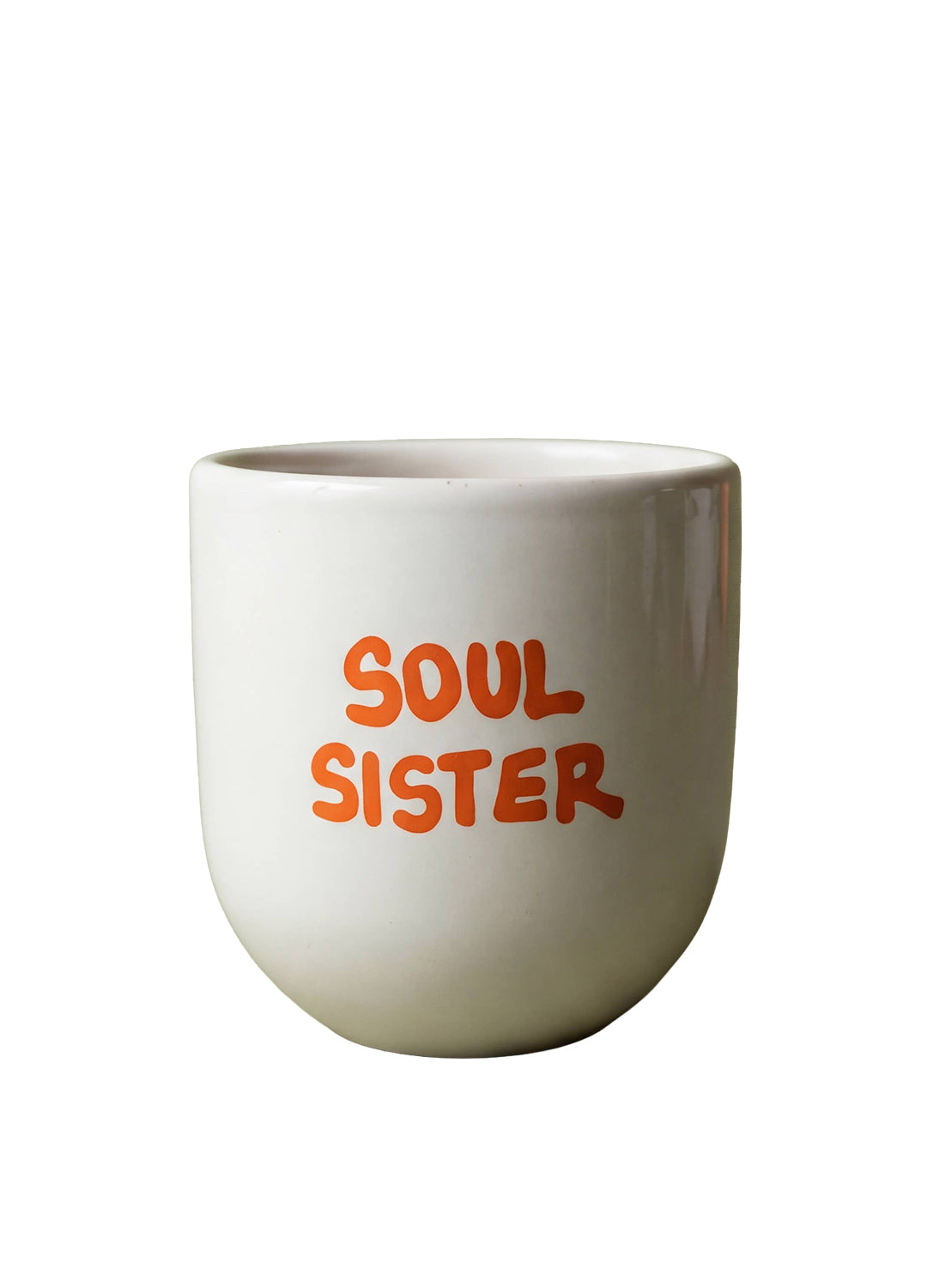 White mug with 'Soul Sister' text in orange on a white background