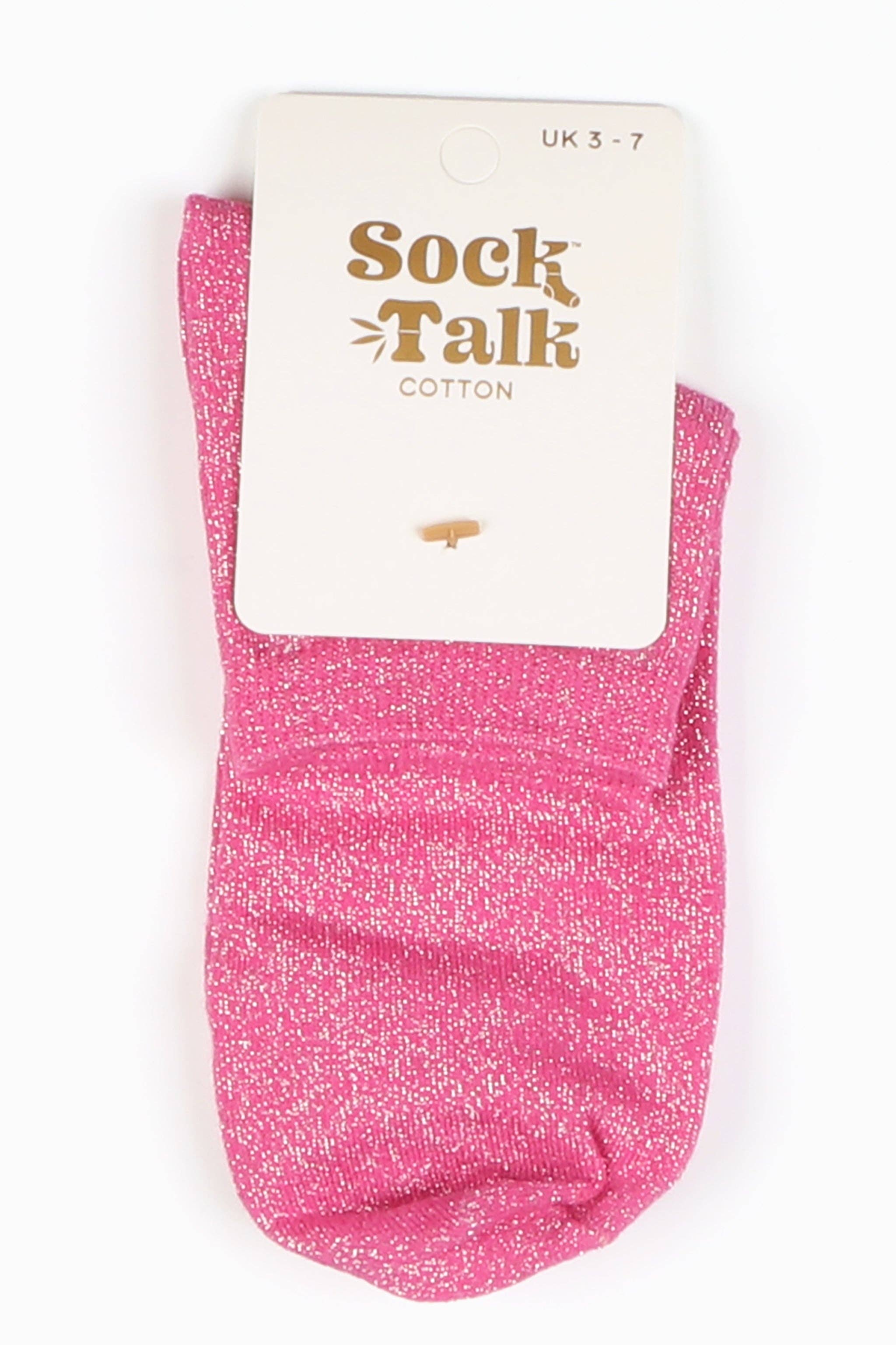 Pink glittery sock with 'Sock Talk' label on a white background