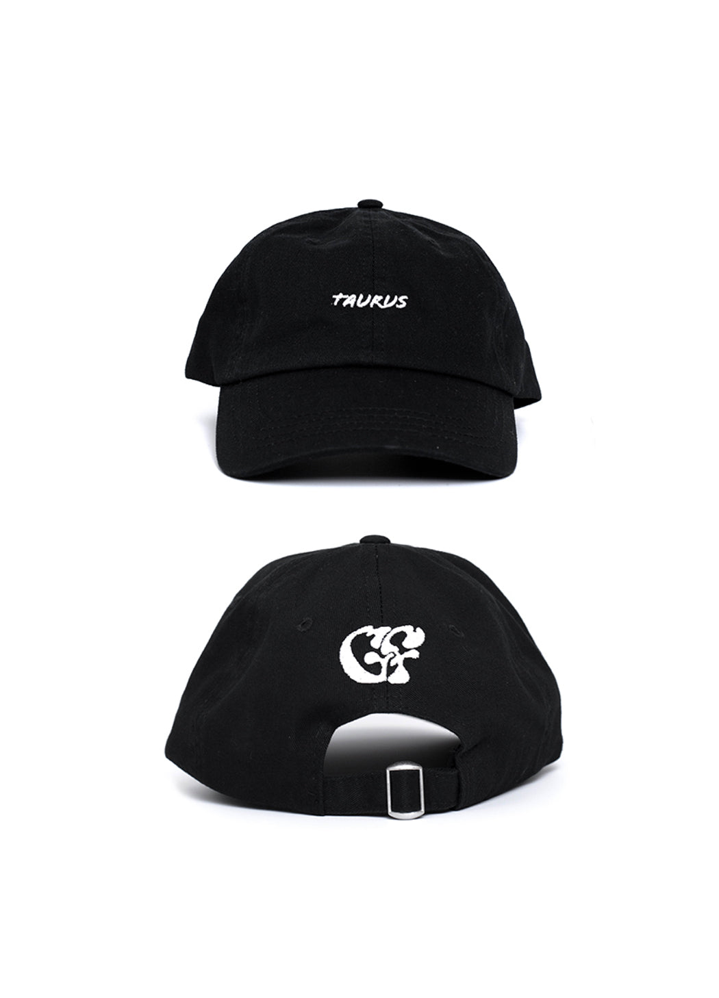 Front & back shot of the Taurus zodiac black baseball cap, showing the white embroidered text to the front "Taurus" and the GF Good Fluff logo to the back