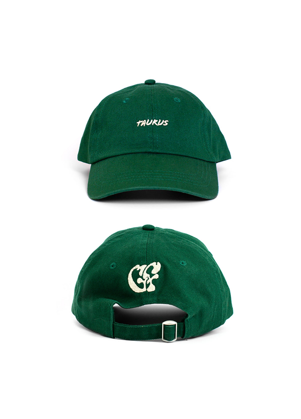 The Green Taurus zodiac Baseball cap shot front & back. Front shows white embroidered "Taurus" text and back shows white embroidered Good Fluff GF logo.