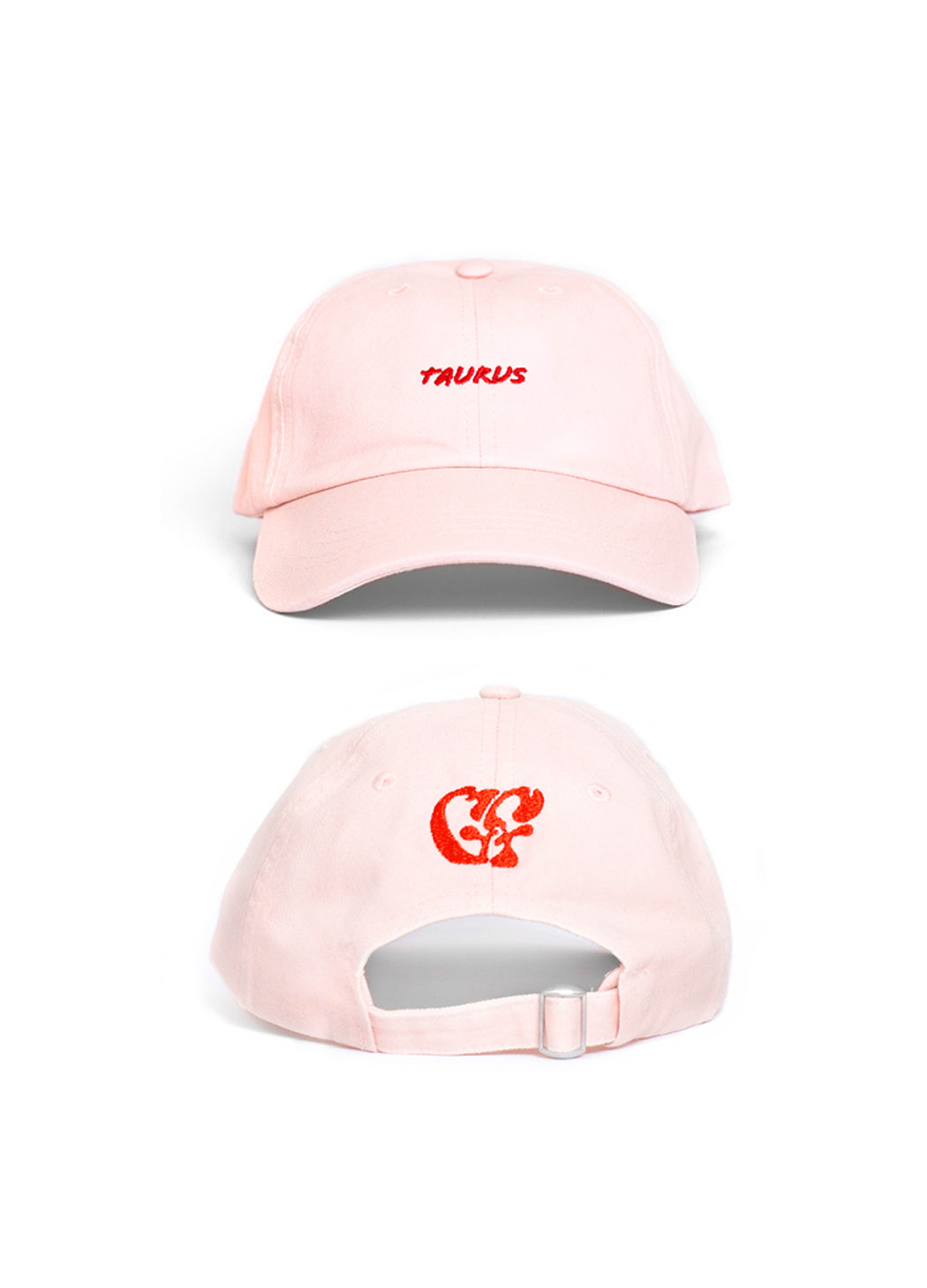 Two pink caps with embroidered designs on a white background