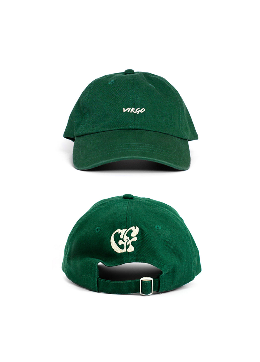 Green Virgo zodiac baseball cap, with white embroidered "Virgo" text and white embroidered Good Fluff GF logo against a white background