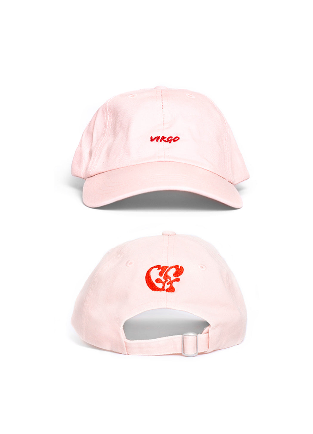 Pink baseball cap with 'Virgo' and 'Capricorn' text on a white background