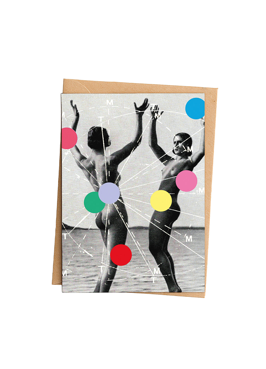 Greeting card with black and white photo of two people in swimsuits and colorful dots on a white background
