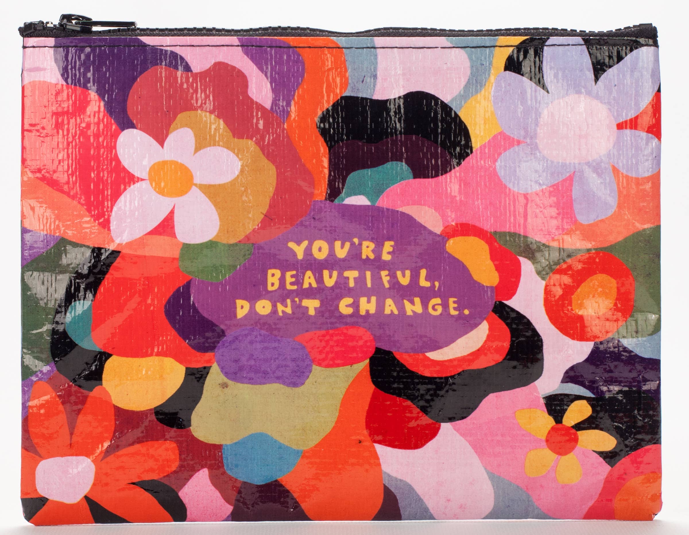 Colourful floral pouch with motivational quote "You're beautiful don't change" on a white background