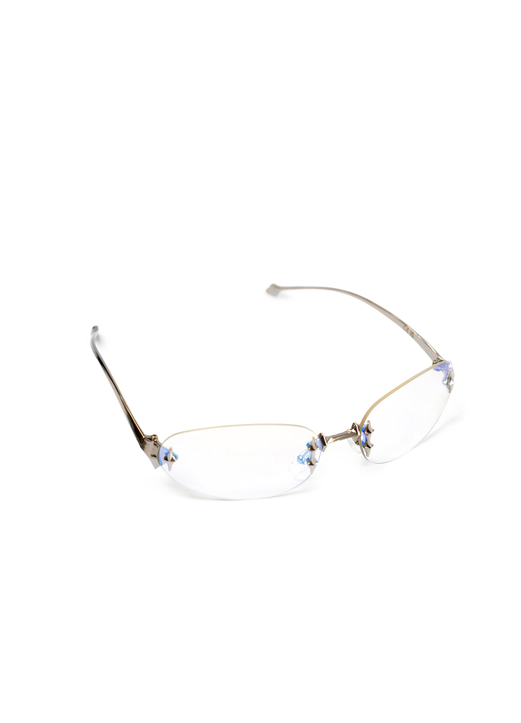 frameless Sunglasses with orange blue metallic lenses on a white background