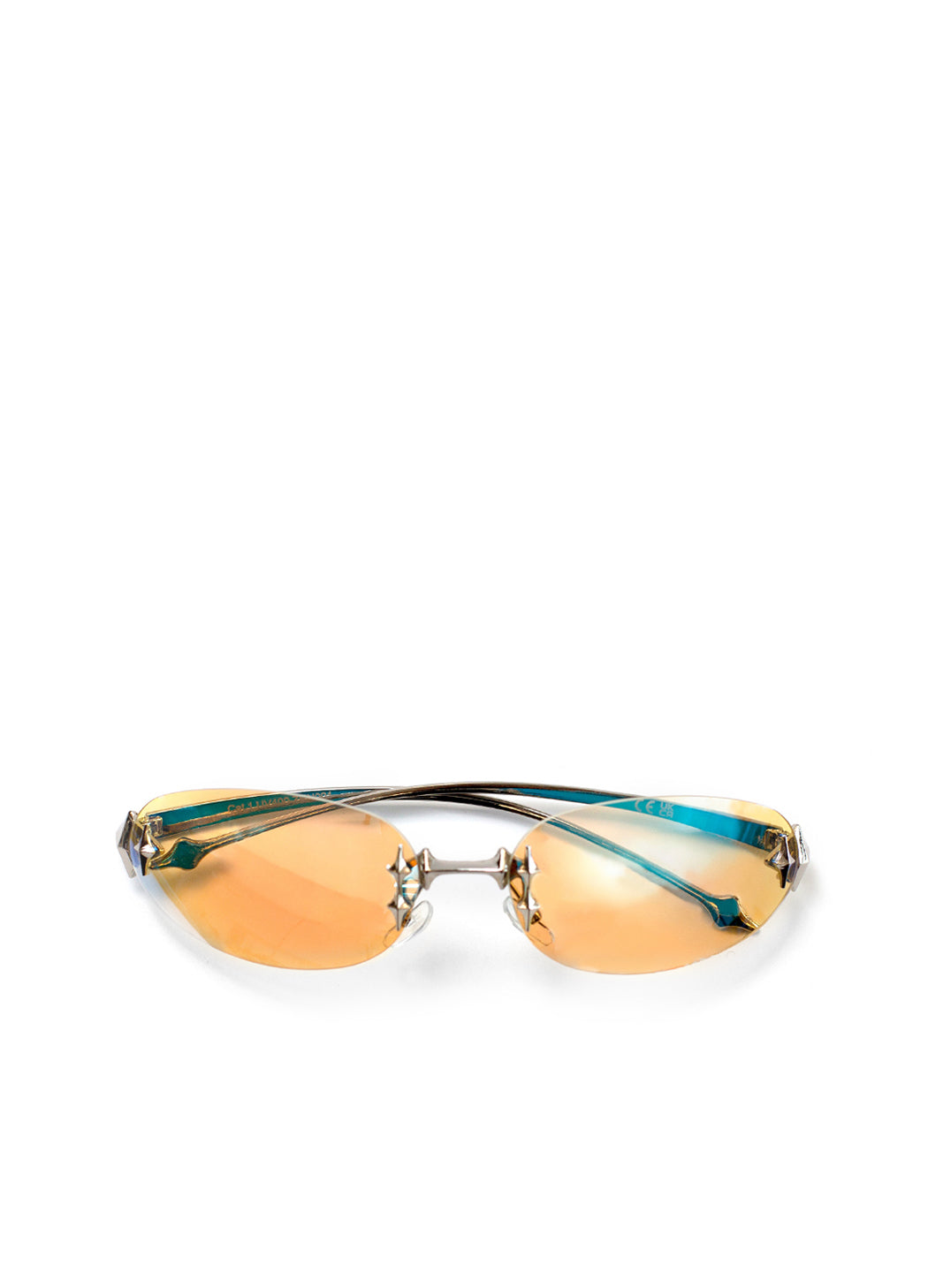 frameless Sunglasses with orange blue metallic lenses on a white background