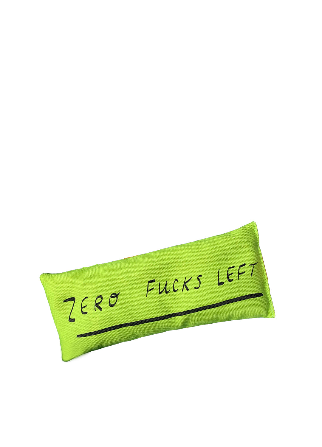 Green pillow with text 'Zero Fucks Left' on a white background